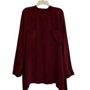 Eileen Fisher 100% Silk Blouse Long Sleeve 1/4 Button Tunic Top Red Maroon Large